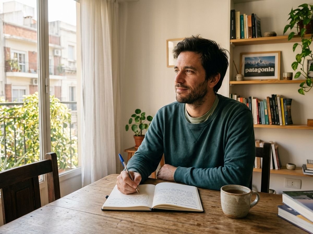 Adulto en un momento de reflexión y registro personal en su libreta durante el proceso terapéutico