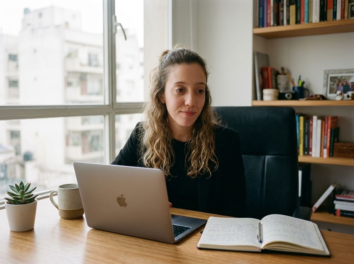 Paula Yañez en su espacio de atención online, con laptop y cuaderno de notas en Buenos Aires